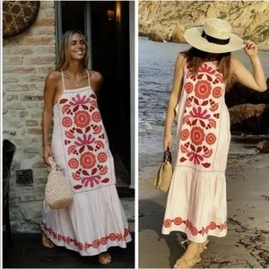 Zara Blush Pink Maxi Dress with Red, Pink & Orange Floral Embroidery